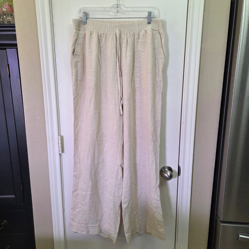 Westbound Womens XL R Cream Linen Blend Wide Leg Drawstring Elastic Waist Pants
